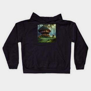 Magical Big Cottage Mushroom House with Lights in Forest with High Trees, Mushroom Aesthetic Kids Hoodie